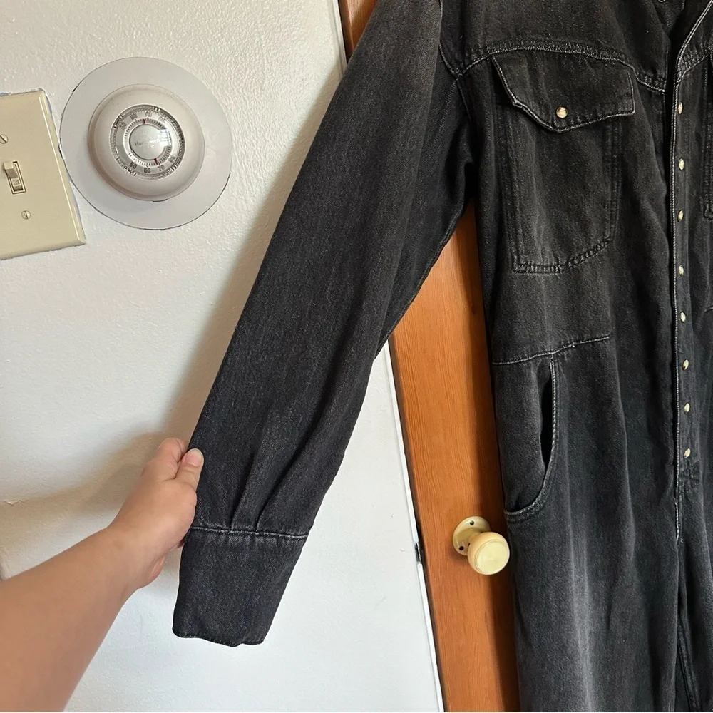 free people townes black denim long sleeve button up jumpsuit coveralls